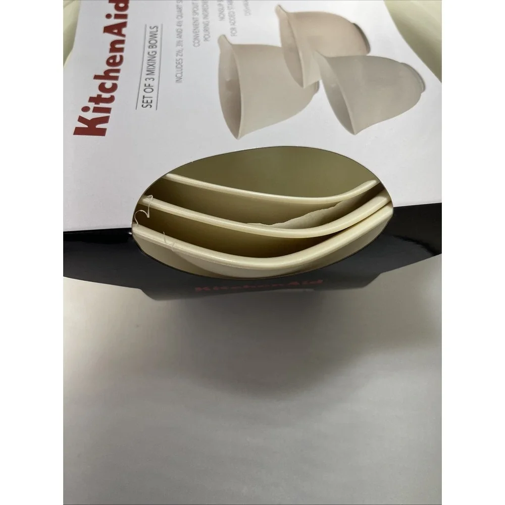 New KitchenAid Almond Cream HACA 8 Pc Utensils Spatula Whisk Spoon 3 MixingBowls
